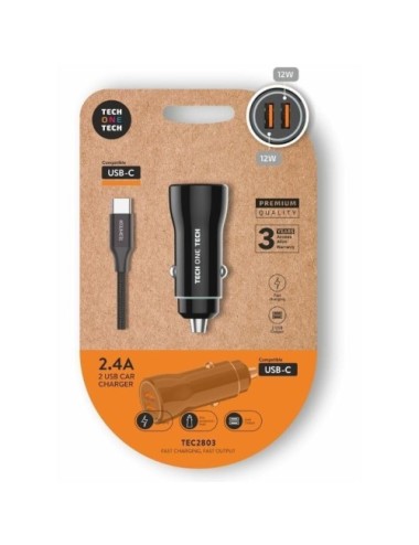 Cargador de Coche Tech One Tech TEC2803/ 2xUSB + Cable USB Tipo-C/ 12W