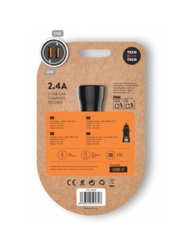 Cargador de Coche Tech One Tech TEC2803/ 2xUSB + Cable USB Tipo-C/ 12W