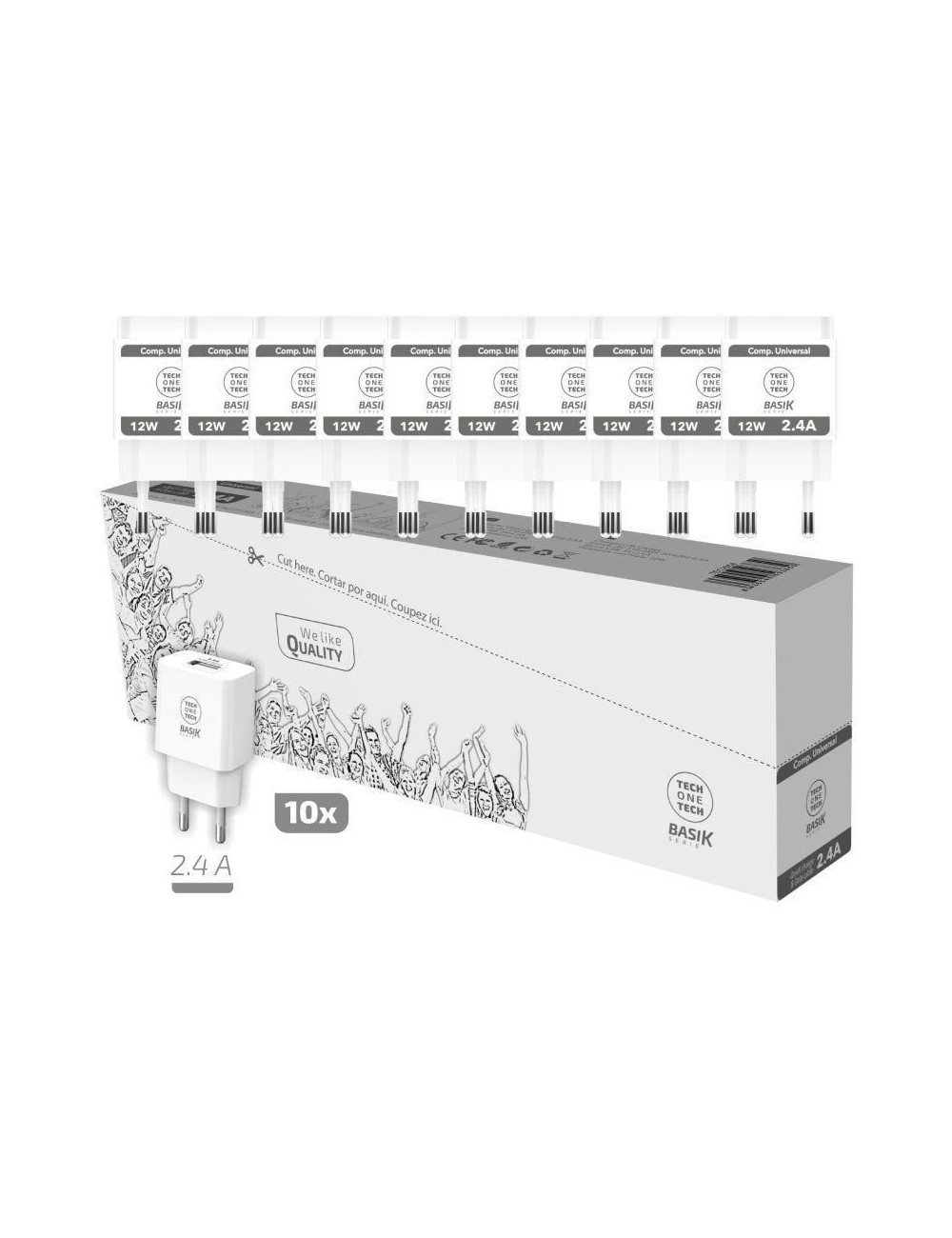 Pack 10 Cargadores de Pared Tech One Tech Basik TEC2954/ 1xUSB/ 12W