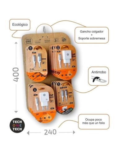Expositor de Cargadores GaN y Cables Tech One Tech EKO 400801/ 4 ganchos/ Incluye 16 Productos