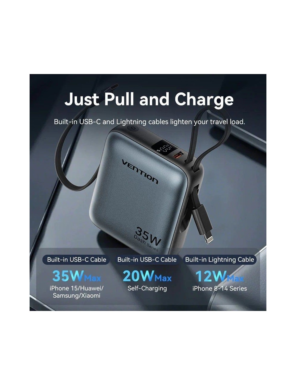 Powerbank 10000mAh Vention FHFN0/ 35W/ Gris/ Incluye Cable USB TIpo-C y Lightning