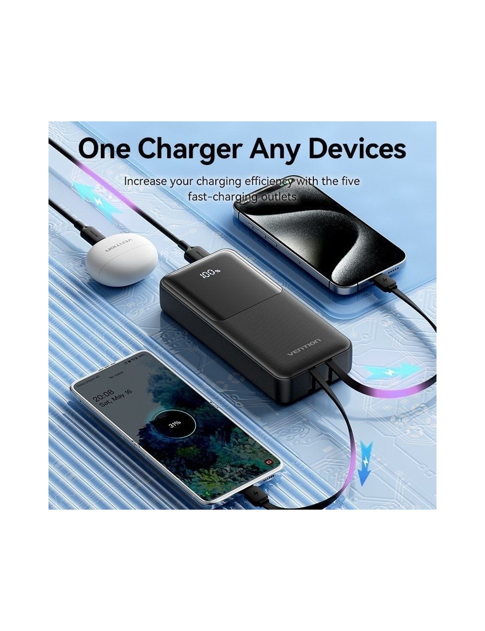 Powerbank 20000mAh Vention FHPB0/ 22.5W/ Negra/ Incluye Cable USB Tipo-C y Lightning