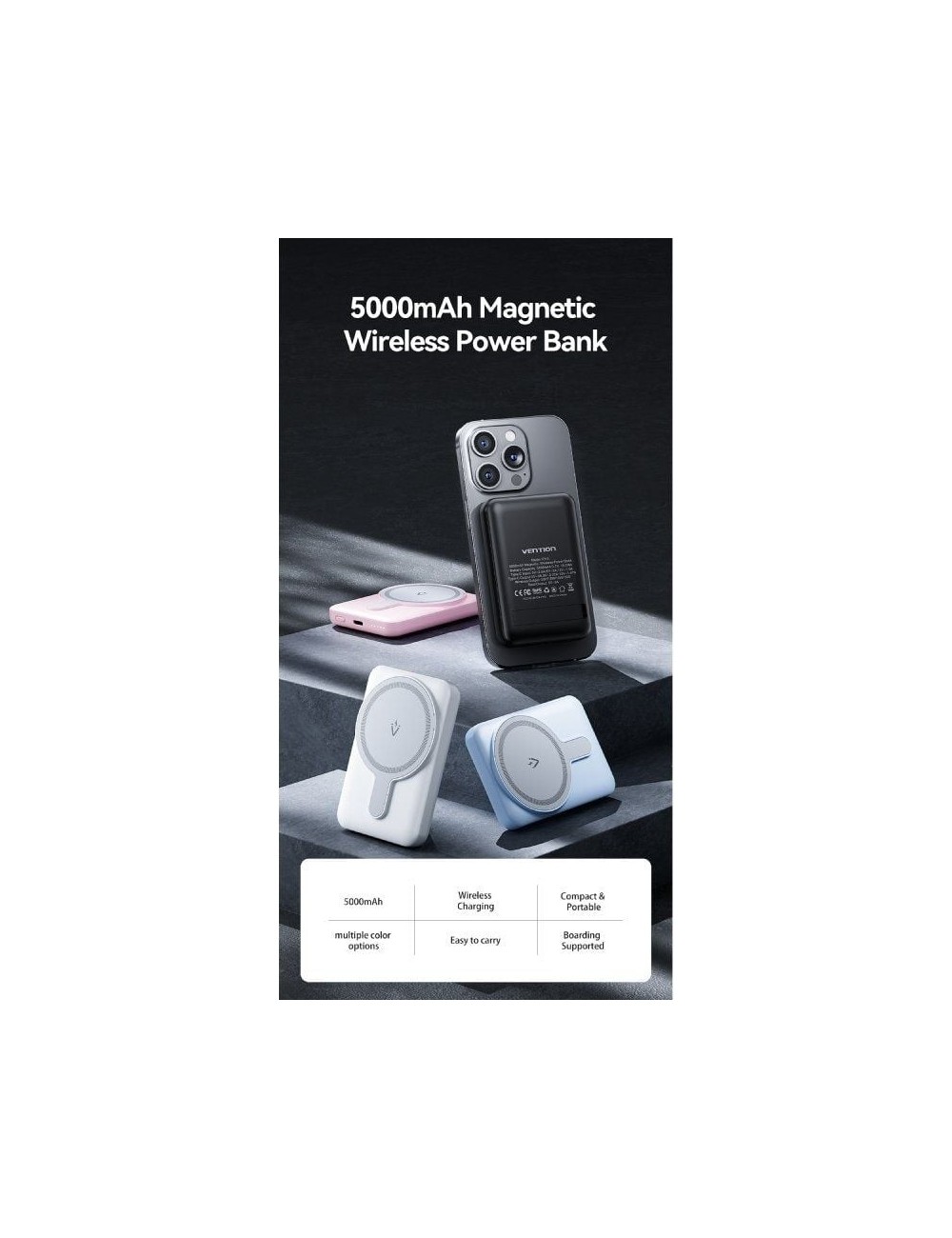 Powerbank 5000mAh Vention FHSL0/ 20W/ Wireless/ Azul