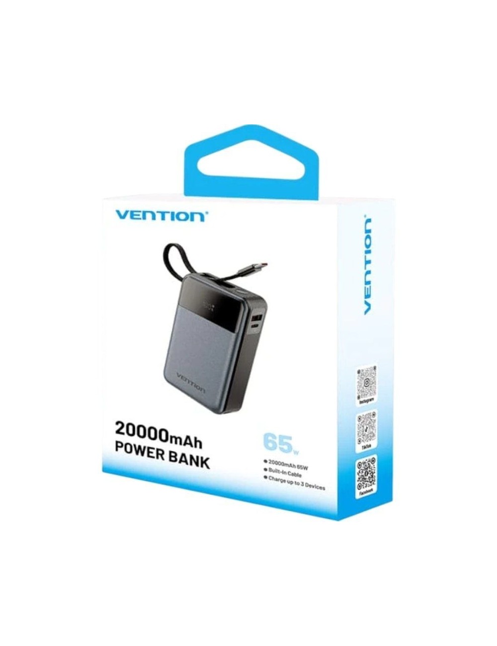 Powerbank 20000mAh Vention FHYB0/ 65W/ Gris/ Incluye Cable USB Tipo-C