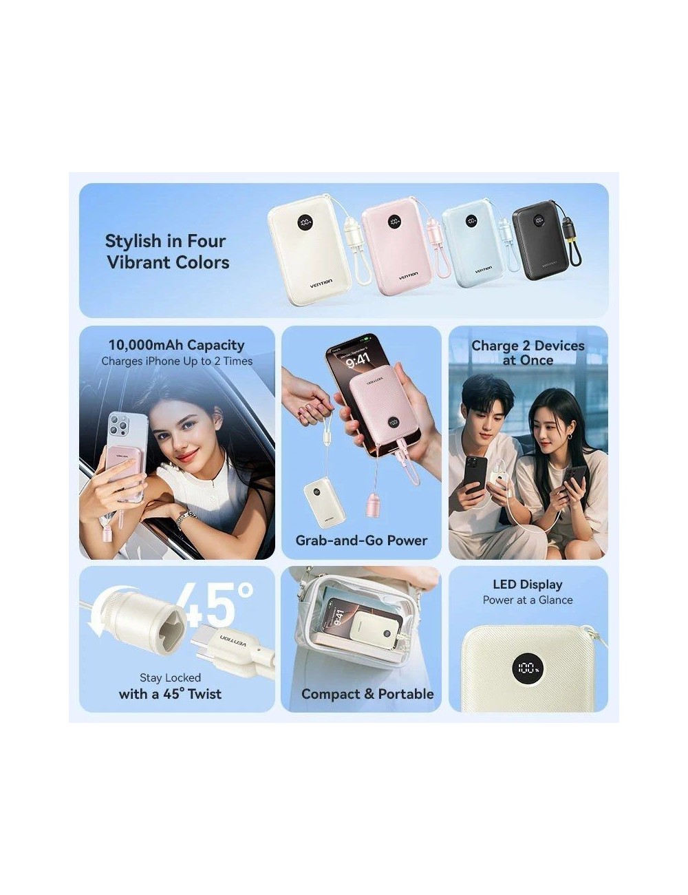 Powerbank 10000mAh Vention FKAB0-C/ 22.5W/ Negra/ Incluye Cable USB Tipo-C