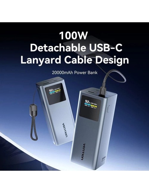 Powerbank 20000mAh Vention FKCH0/ 100W/ Gris/ Incluye Cable USB Tipo-C