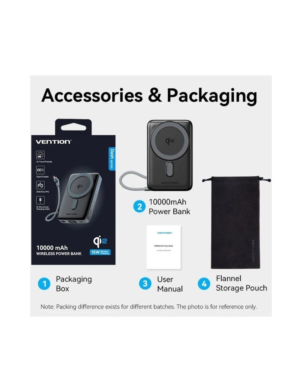 Powerbank 10000mAh Vention FKHH0/ 35W/ Wireless/ Gris/ Incluye Cable USB Tipo-C