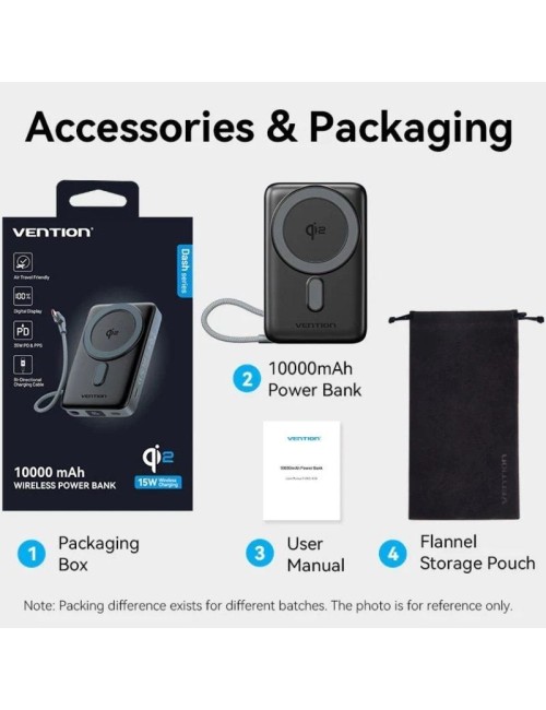 Powerbank 10000mAh Vention FKHH0/ 35W/ Wireless/ Gris/ Incluye Cable USB Tipo-C