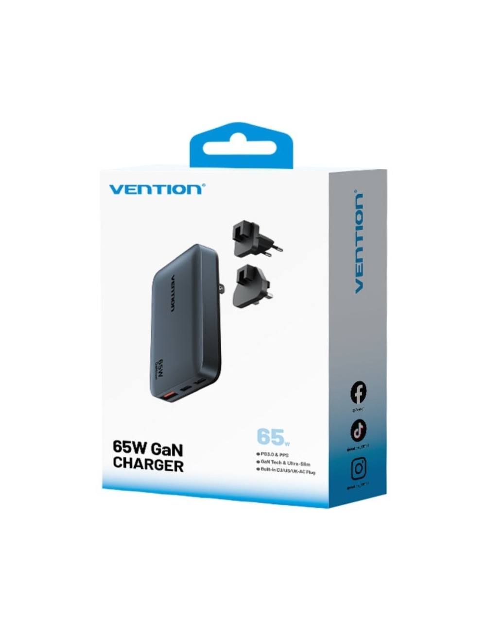 Cargador de Pared Universal GaN para Viaje Vention FCBH0/ 2xUSB Tipo-C/ 1x USB/ 65W