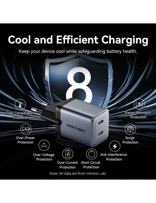 Cargador de Pared GaN Vention FCDH0-EU/ 2xUSB Tipo-C/ 45W