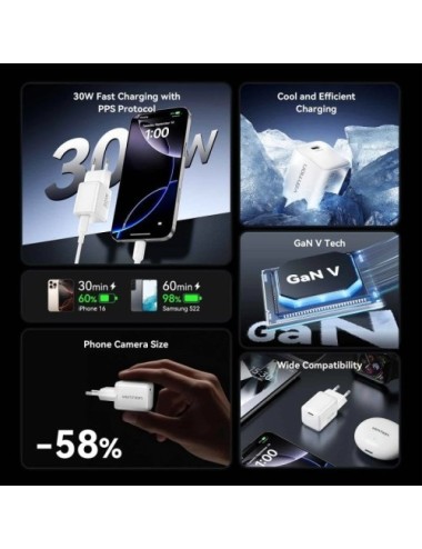 Cargador de Pared GaN Vention FCIW0-EU/ 1xUSB Tipo-C/ 30W