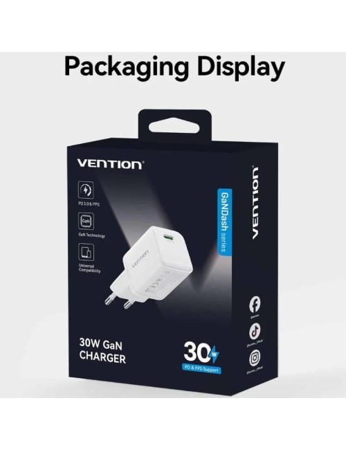 Cargador de Pared GaN Vention FCIW0-EU/ 1xUSB Tipo-C/ 30W