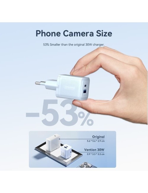 Cargador de Pared GaN Vention FEQW0-EU/ 1xUSB Tipo-C/ 1xUSB/ 30W