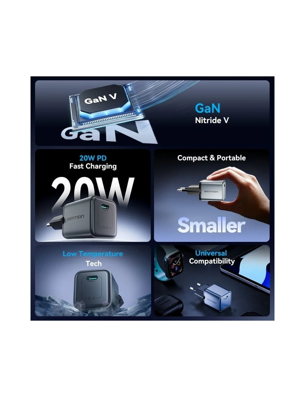 Cargador de Pared GaN Vention FEVH0-EU/ 1xUSB Tipo-C/ 20W
