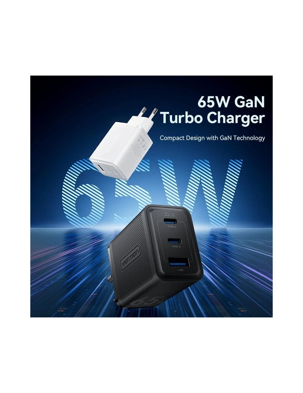 Cargador de Pared GaN Vention FERW0-EU/ 2xUSB Tipo-C/ 1xUSB/ 65W