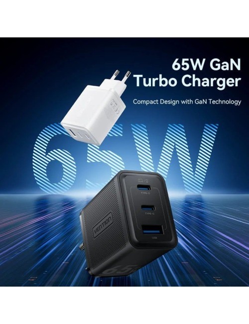 Cargador de Pared GaN Vention FERW0-EU/ 2xUSB Tipo-C/ 1xUSB/ 65W