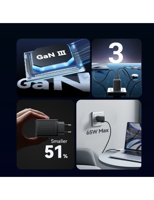 Cargador de Pared GaN Vention FERW0-EU/ 2xUSB Tipo-C/ 1xUSB/ 65W