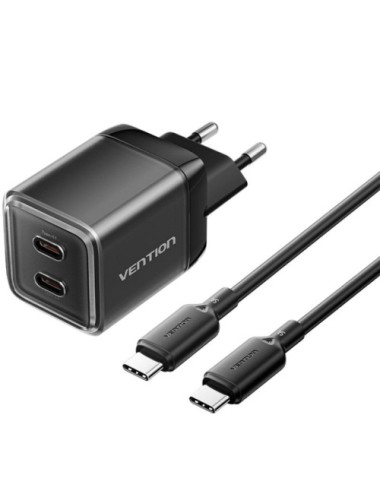 Cargador de Pared GaN Vention TZ-FCFB0-EU/ 2xUSB Tipo-C + Cable USB Tipo-C/ 45W