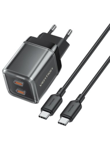 Cargador de Pared GaN Vention TZ-FCFB0-EU/ 2xUSB Tipo-C + Cable USB Tipo-C/ 45W