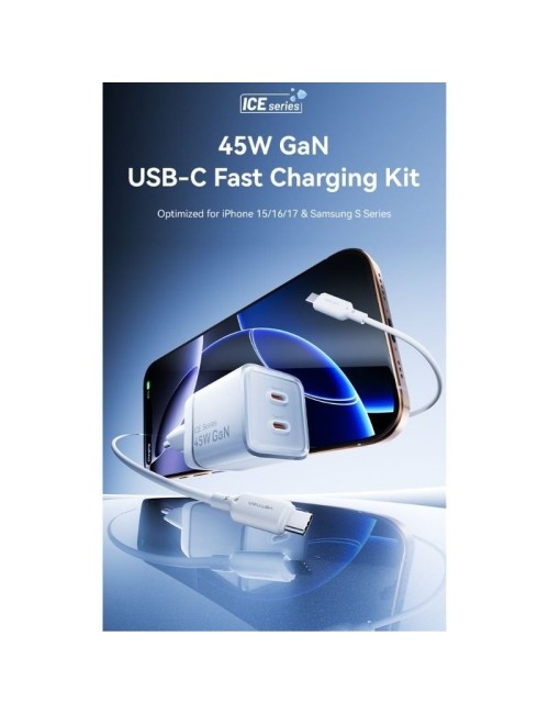 Cargador de Pared GaN Vention TZ-FCFB0-EU/ 2xUSB Tipo-C + Cable USB Tipo-C/ 45W