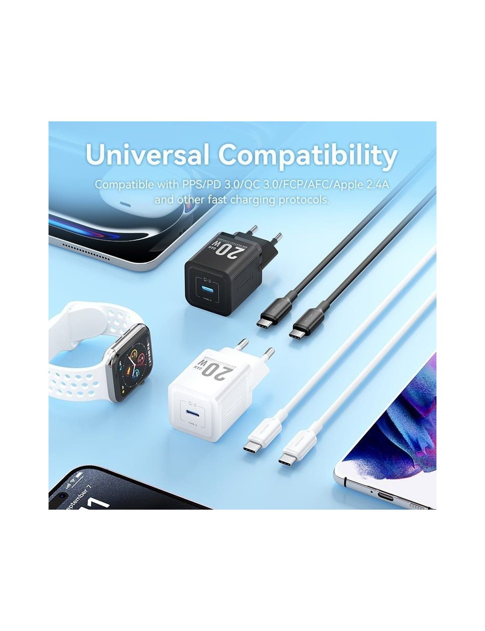 Cargador de Pared GaN Vention TZ-FEPB0-EU-01/ 1xUSB Tipo-C + Cable USB Tipo-C/ 20W