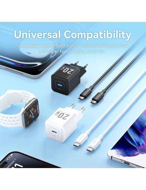 Cargador de Pared GaN Vention TZ-FEPB0-EU-01/ 1xUSB Tipo-C + Cable USB Tipo-C/ 20W