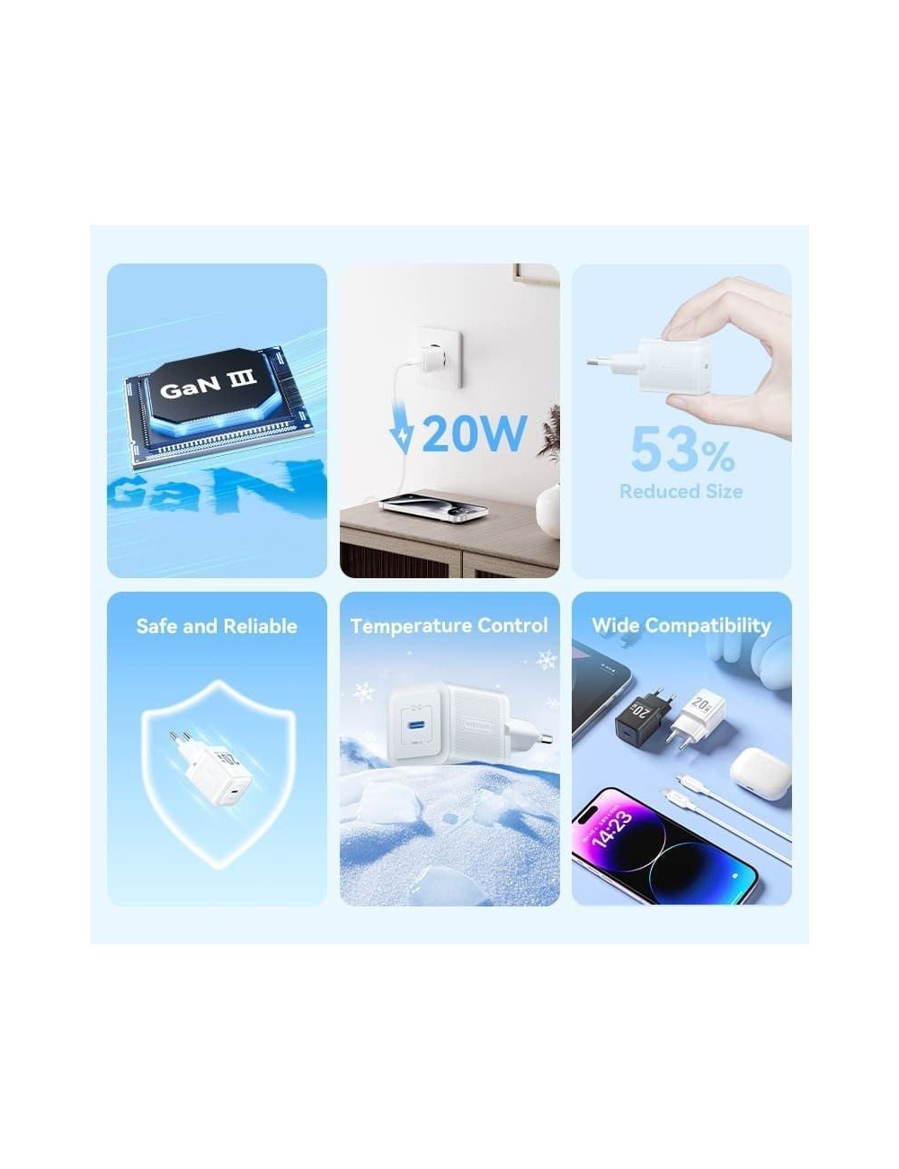 Cargador de Pared GaN Vention TZ-FEPB0-EU-01/ 1xUSB Tipo-C + Cable USB Tipo-C/ 20W