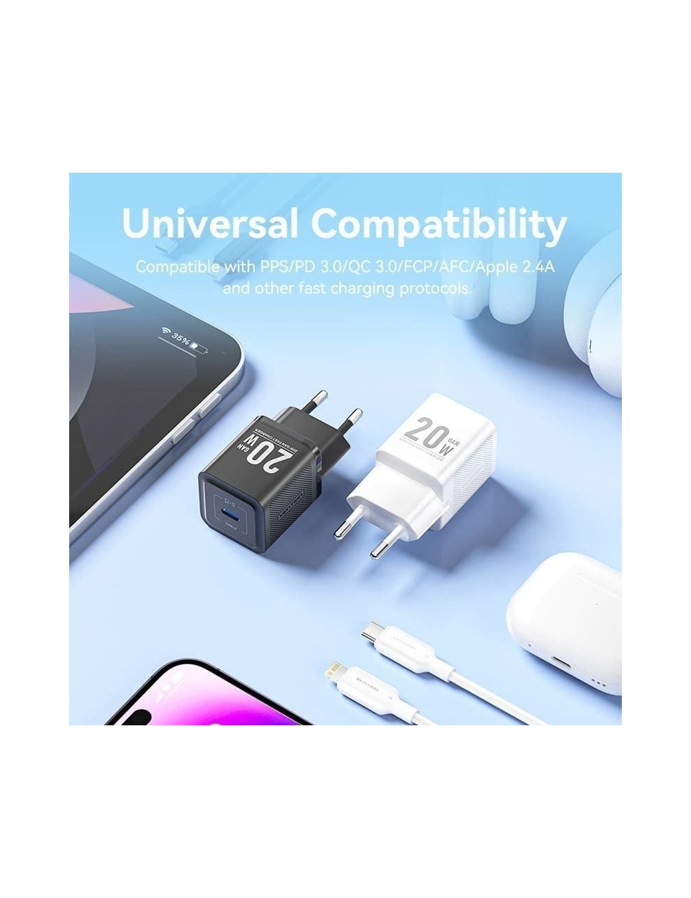 Cargador de Pared GaN Vention TZ-FEPB0-EU-02/ 1xUSB Tipo-C + Cable Lightning/ 20W