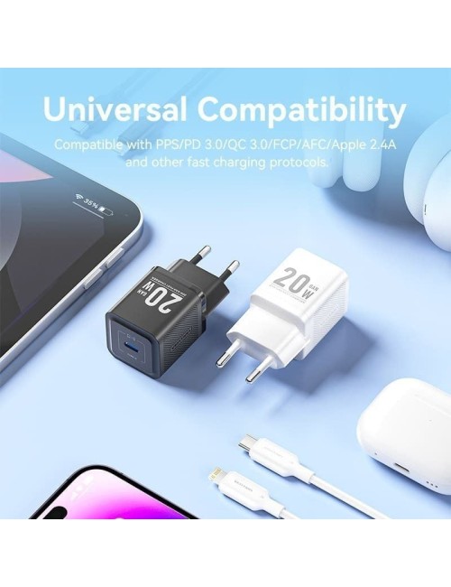 Cargador de Pared GaN Vention TZ-FEPB0-EU-02/ 1xUSB Tipo-C + Cable Lightning/ 20W