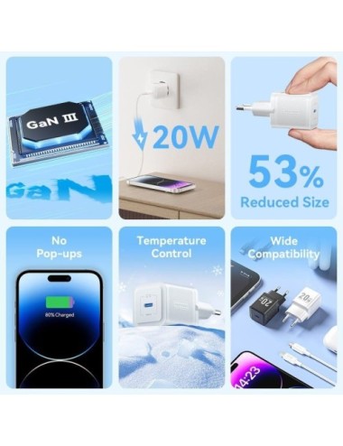 Cargador de Pared GaN Vention TZ-FEPB0-EU-02/ 1xUSB Tipo-C + Cable Lightning/ 20W