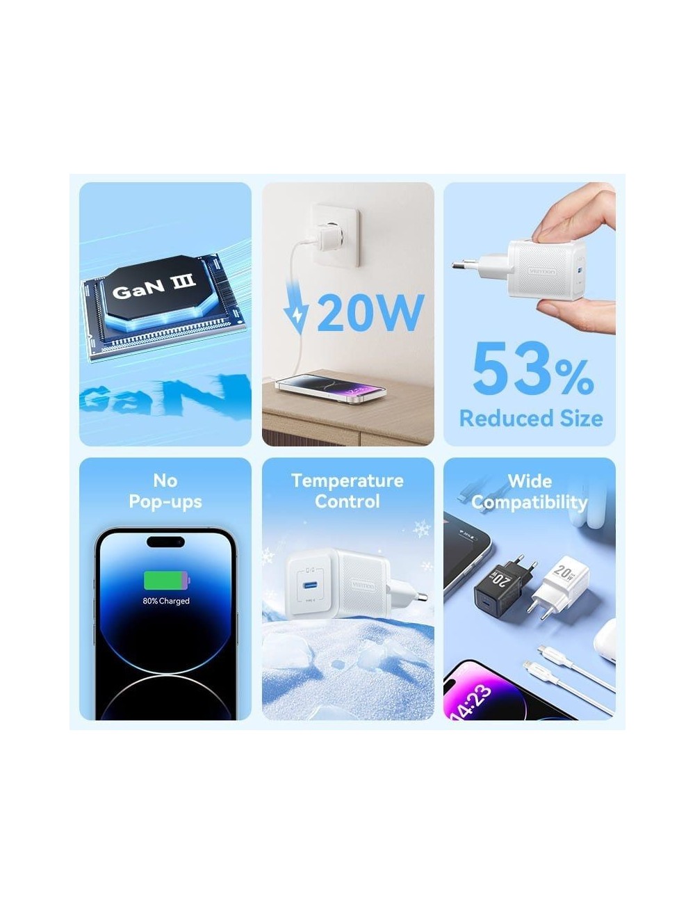 Cargador de Pared GaN Vention TZ-FEPB0-EU-02/ 1xUSB Tipo-C + Cable Lightning/ 20W