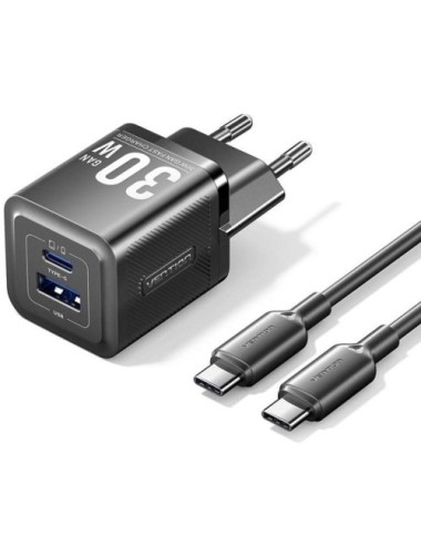 Cargador de Pared GaN Vention TZ-FEQB0-EU-01/ 1xUSB Tipo-C/ 1xUSB + Cable USB Tipo-C/ 30W
