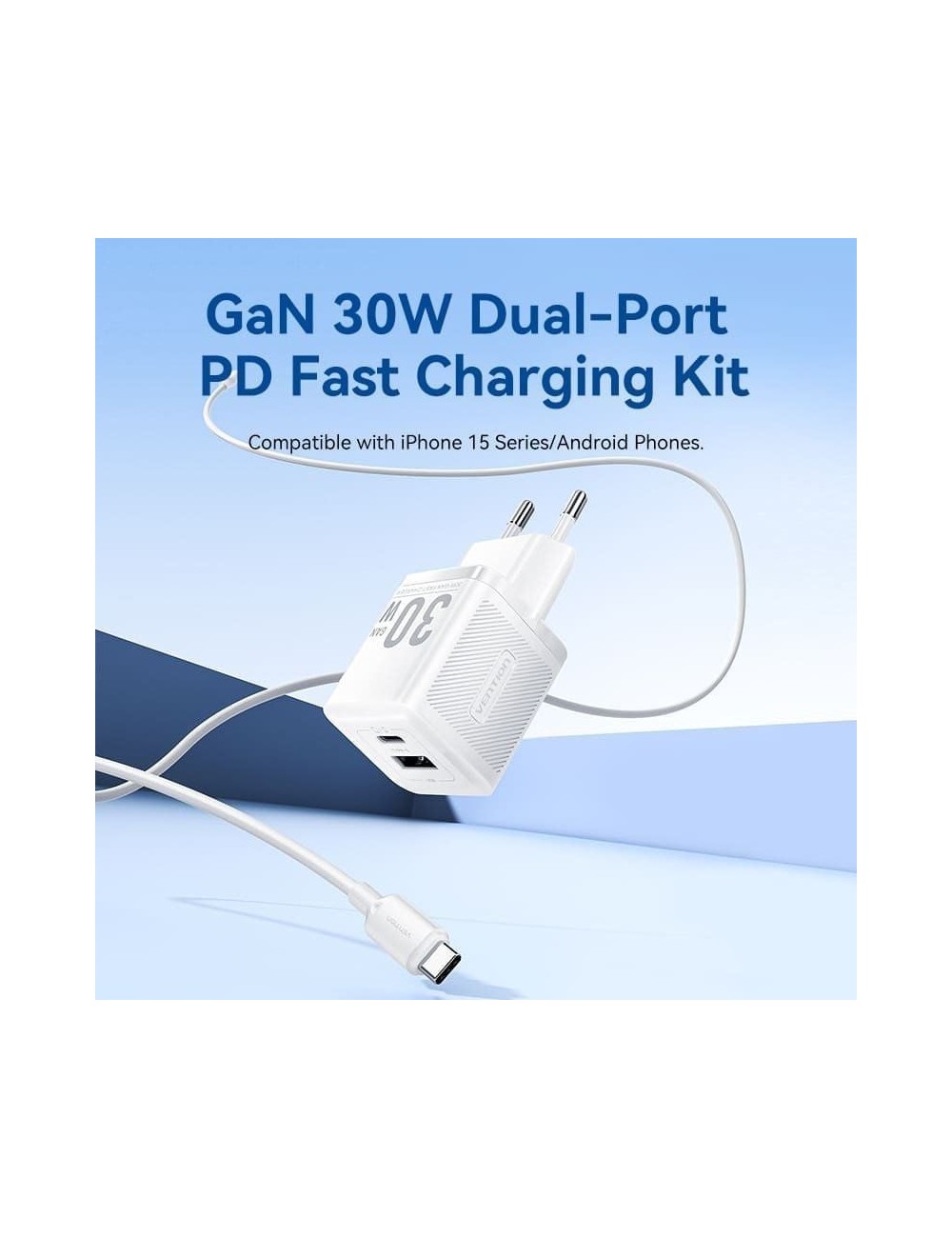Cargador de Pared GaN Vention TZ-FEQB0-EU-01/ 1xUSB Tipo-C/ 1xUSB + Cable USB Tipo-C/ 30W