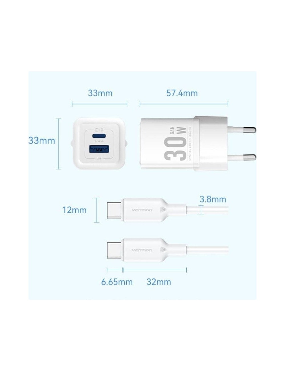 Cargador de Pared GaN Vention TZ-FEQB0-EU-01/ 1xUSB Tipo-C/ 1xUSB + Cable USB Tipo-C/ 30W