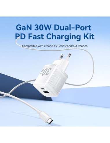 Cargador de Pared GaN Vention TZ-FEQW0-EU-01/ 1xUSB Tipo-C/ 1xUSB + Cable USB Tipo-C/ 30W