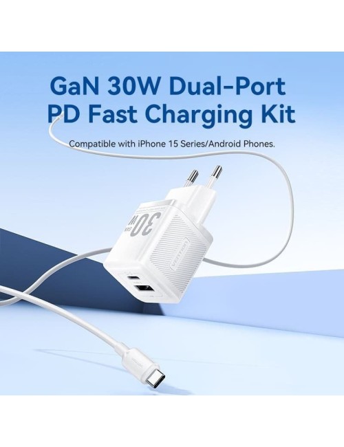 Cargador de Pared GaN Vention TZ-FEQW0-EU-01/ 1xUSB Tipo-C/ 1xUSB + Cable USB Tipo-C/ 30W