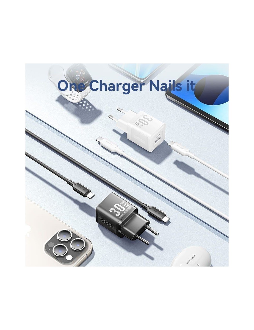 Cargador de Pared GaN Vention TZ-FEQW0-EU-01/ 1xUSB Tipo-C/ 1xUSB + Cable USB Tipo-C/ 30W