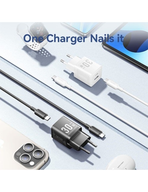 Cargador de Pared GaN Vention TZ-FEQW0-EU-01/ 1xUSB Tipo-C/ 1xUSB + Cable USB Tipo-C/ 30W