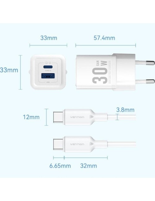 Cargador de Pared GaN Vention TZ-FEQW0-EU-01/ 1xUSB Tipo-C/ 1xUSB + Cable USB Tipo-C/ 30W