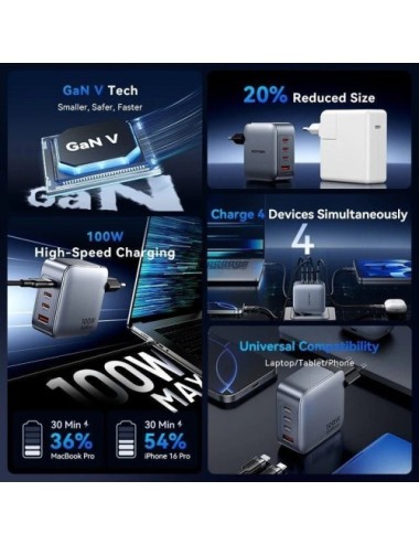 Cargador de Pared GaN Vention TZ-FETH0-EU/ 3xUSB Tipo-C/ 1xUSB/ 100W