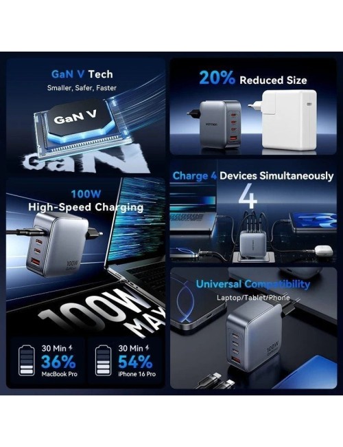 Cargador de Pared GaN Vention TZ-FETH0-EU/ 3xUSB Tipo-C/ 1xUSB/ 100W
