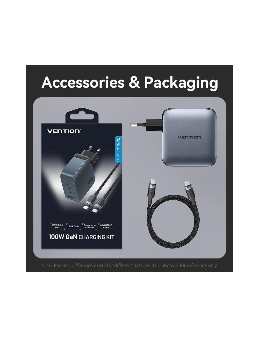 Cargador de Pared GaN Vention TZ-FETH0-EU/ 3xUSB Tipo-C/ 1xUSB/ 100W
