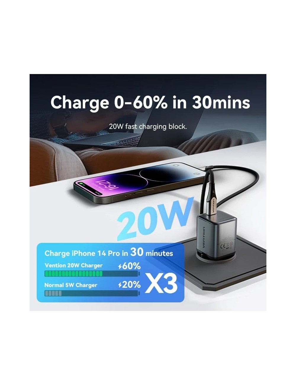 Cargador de Pared GaN Vention TZ-FEVH0-EU/ 1xUSB Tipo-C + Cable Lightning/ 20W