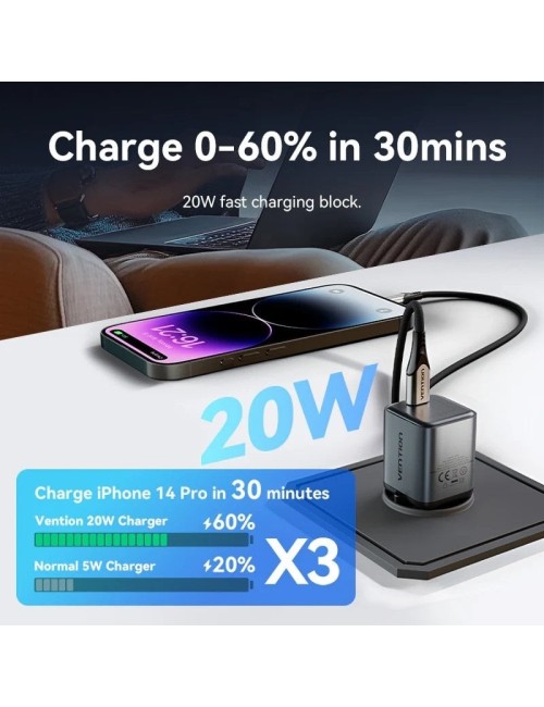 Cargador de Pared GaN Vention TZ-FEVH0-EU/ 1xUSB Tipo-C + Cable Lightning/ 20W
