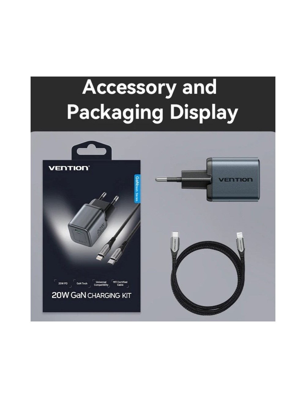 Cargador de Pared GaN Vention TZ-FEVH0-EU/ 1xUSB Tipo-C + Cable Lightning/ 20W
