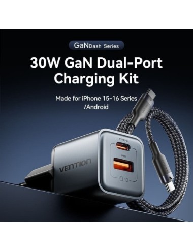 Cargador de Pared GaN Vention TZ-FEWH0-EU/ 1xUSB Tipo-C/ 1xUSB/ 30W
