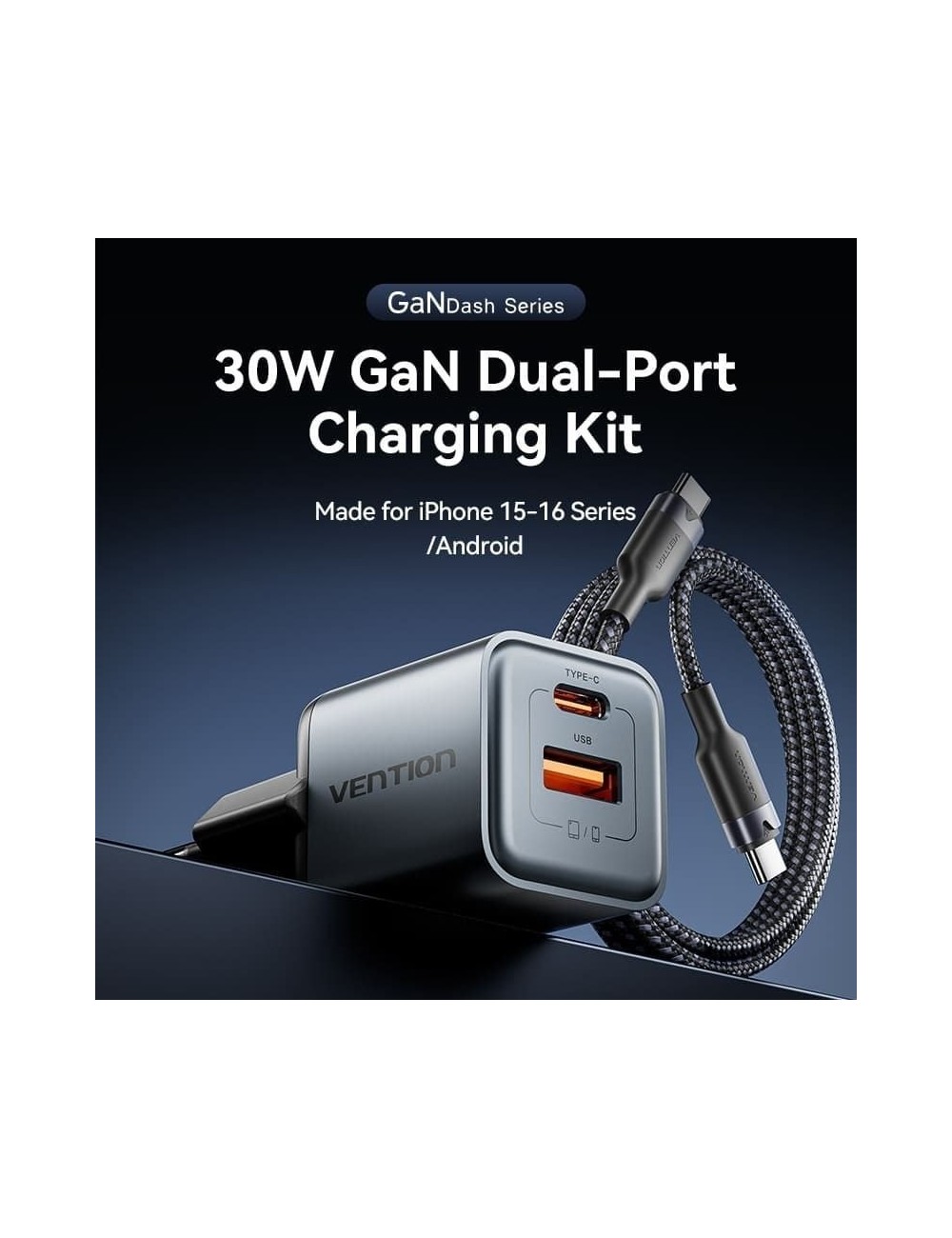 Cargador de Pared GaN Vention TZ-FEWH0-EU/ 1xUSB Tipo-C/ 1xUSB/ 30W