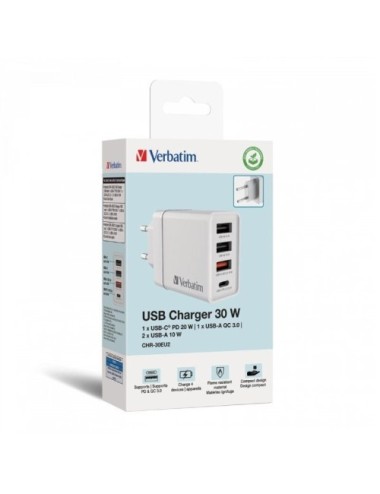 Cargador de Pared GaN Verbatim CHR-30EU2/ 1xUSB Tipo-C/ 3xUSB/ 30W