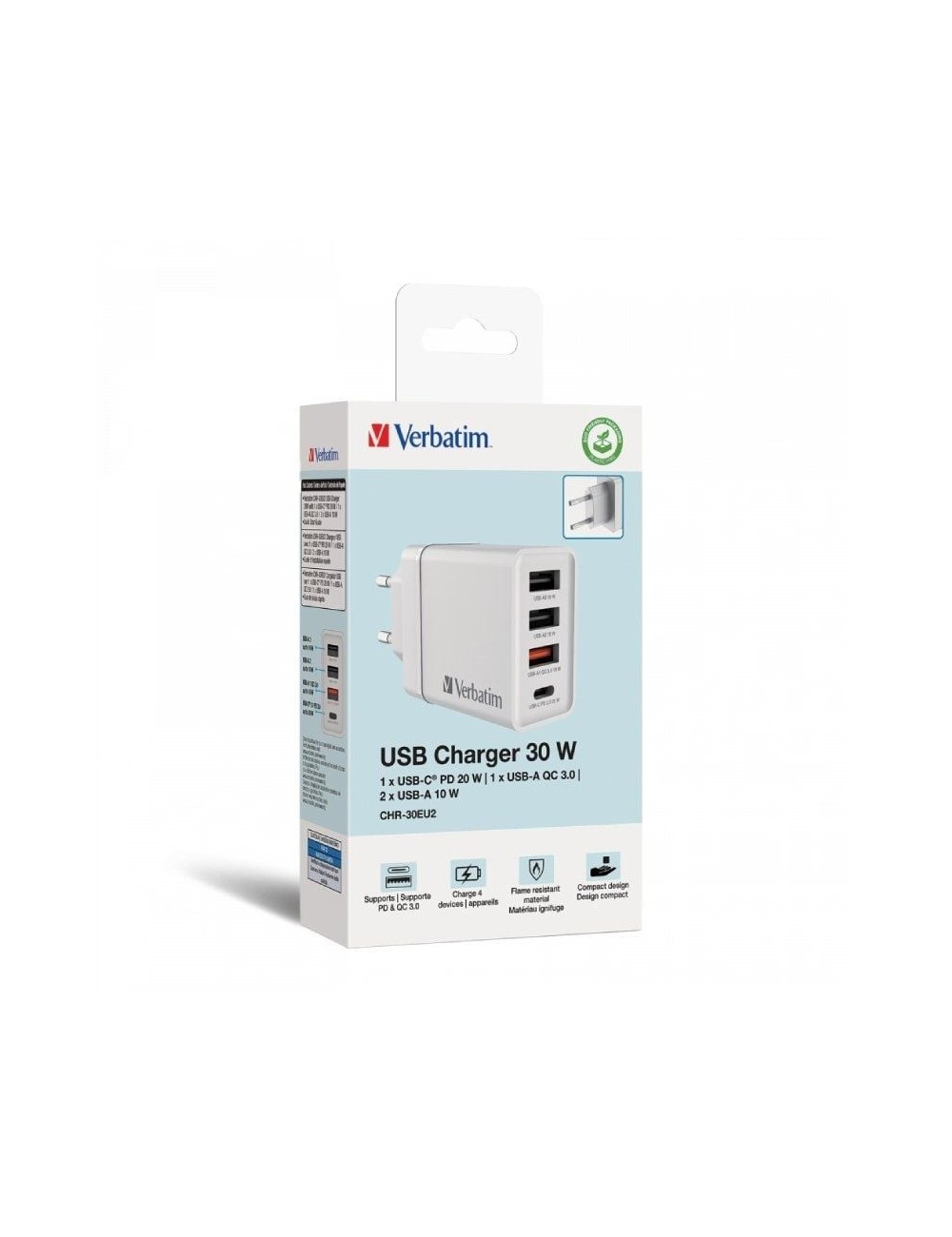 Cargador de Pared GaN Verbatim CHR-30EU2/ 1xUSB Tipo-C/ 3xUSB/ 30W