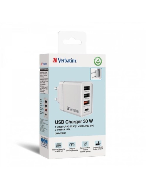 Cargador de Pared GaN Verbatim CHR-30EU2/ 1xUSB Tipo-C/ 3xUSB/ 30W
